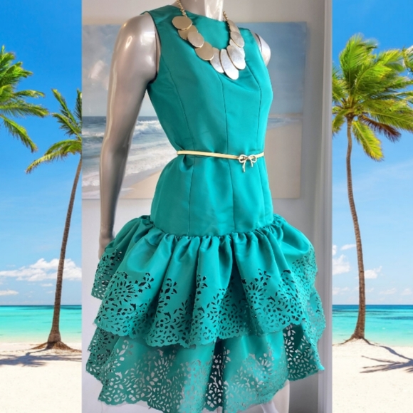 *$5,000 OSCAR DE LA RENTA ICONIC STUNNING GREEN EYELET PLEADED SILK RUNW DRESS M - Picture 6 of 10